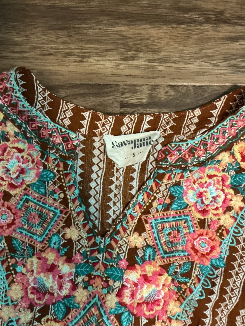 Savanna Jane Brown Tunic with Pink and Teal Floral Embroidery